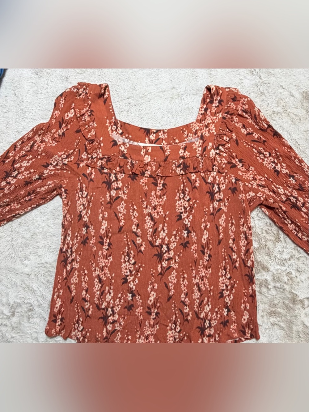 Garnet Hill Rust Floral Square-Neck Blouse Large